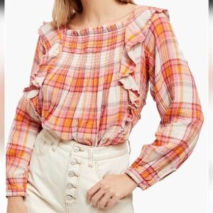 We The Free Siena Plaid Ruffle Top Size S